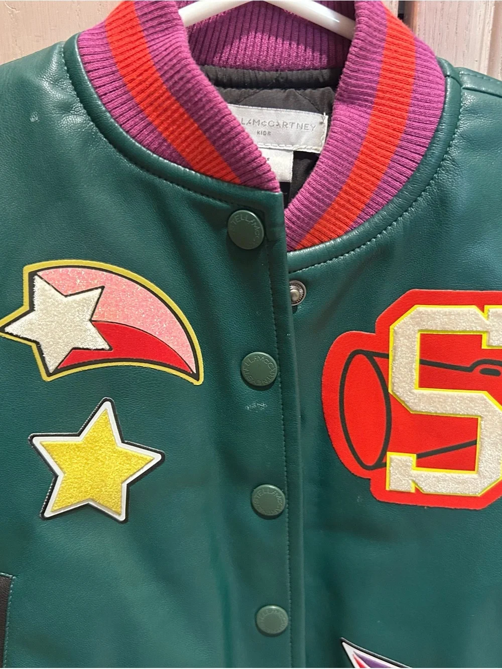 Stella McCartney Kids Teal Letterman Jacket with Colorful Patches
